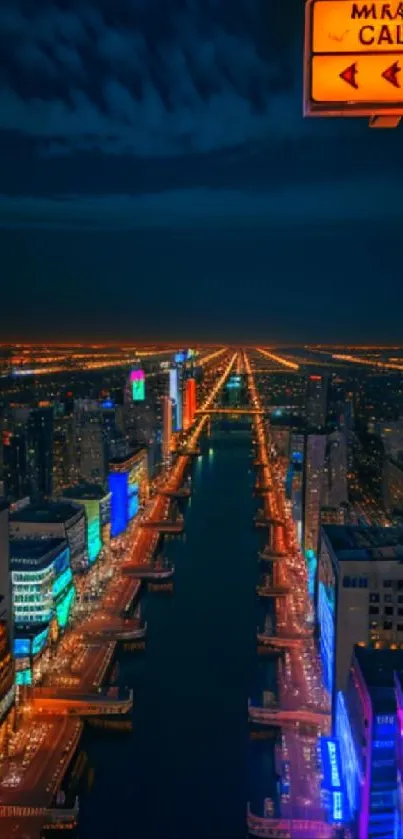 A vibrant night cityscape with glowing city lights and reflections.