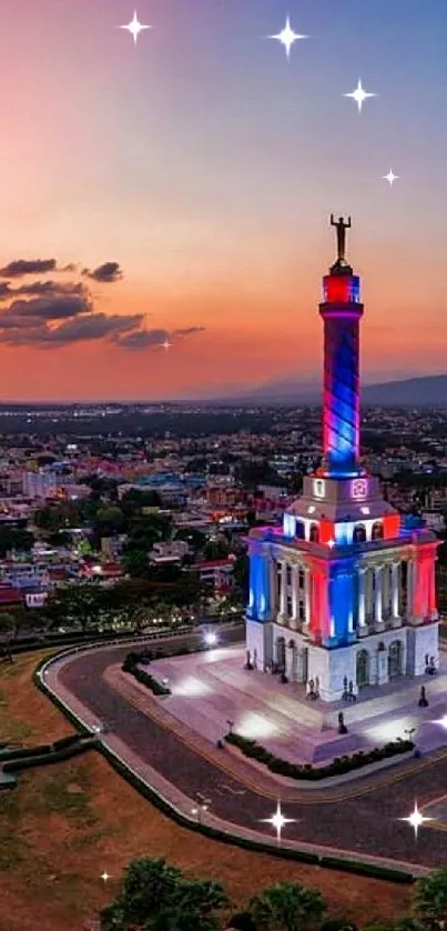 Mobile wallpaper of a vibrant cityscape at sunset with a colorful illuminated tower.