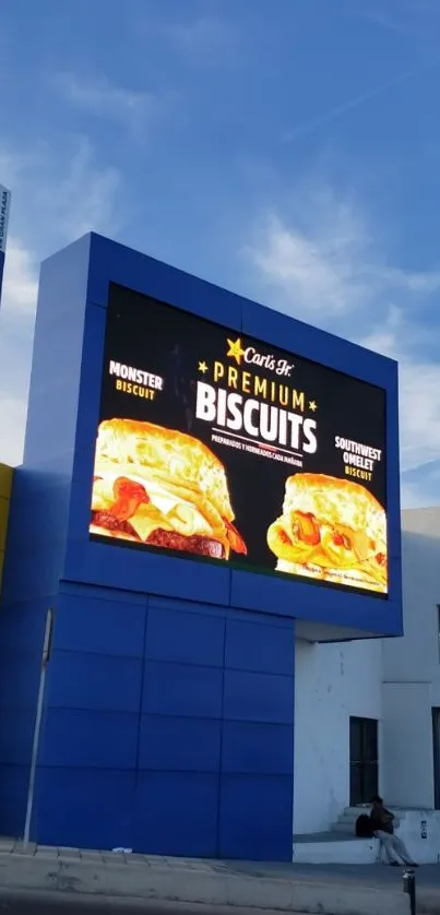 Vibrant billboard against a blue sky in a cityscape setting.