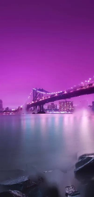 Purple lit city bridge with serene water reflection.