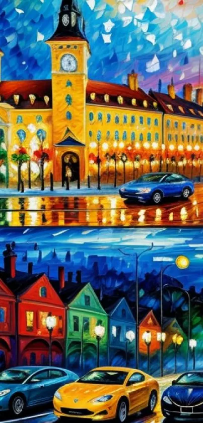 Cityscape with bright lights and parked cars in vibrant colors.