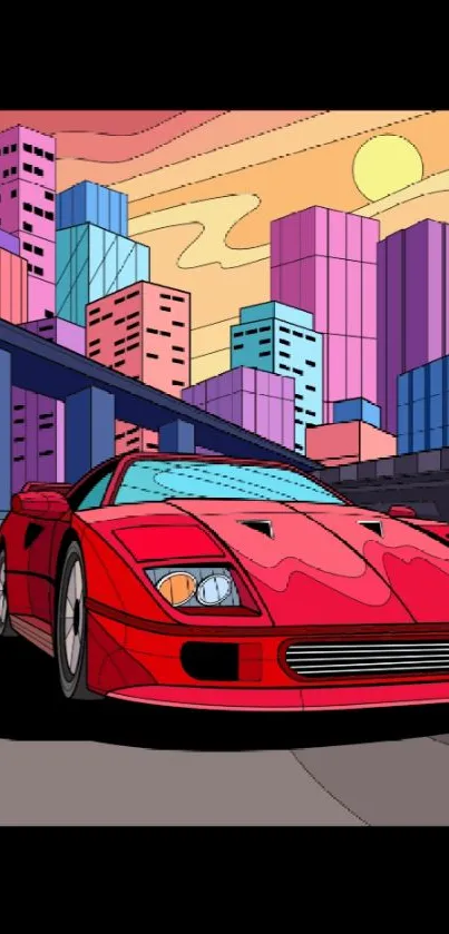 Red sports car in cityscape with vibrant sunset sky.