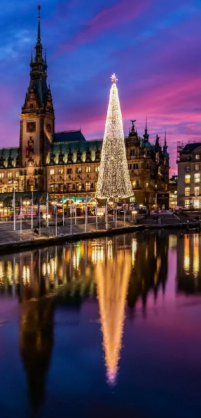 Vibrant cityscape with Christmas lights reflecting on a river at dusk.