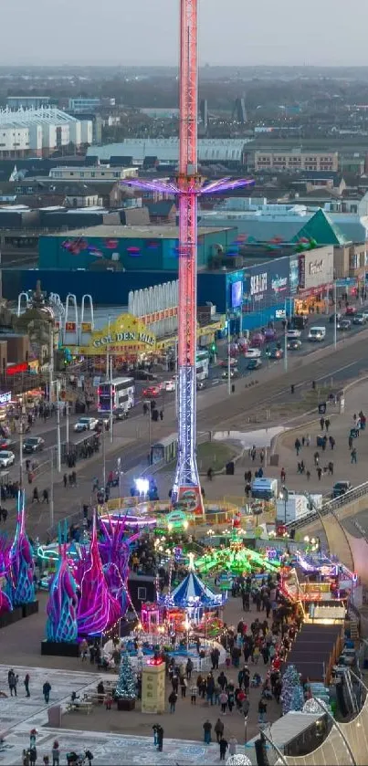 Aerial view of a vibrant festival in an urban cityscape, featuring colorful lights.