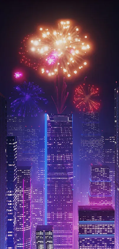 City skyline with vibrant fireworks display at night.