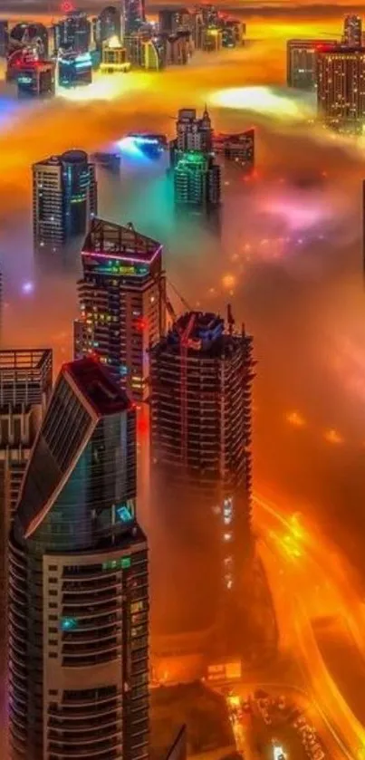 Vibrant cityscape with fog and colorful lights.