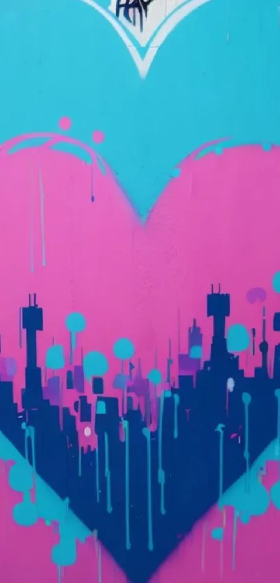 Vibrant heart and cityscape graffiti wall art in pink and blue.