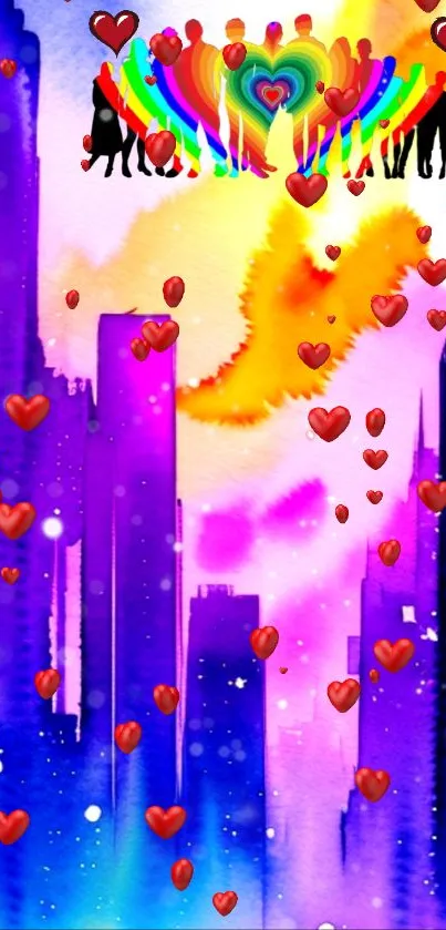 Colorful cityscape wallpaper with silhouettes and heart motifs.