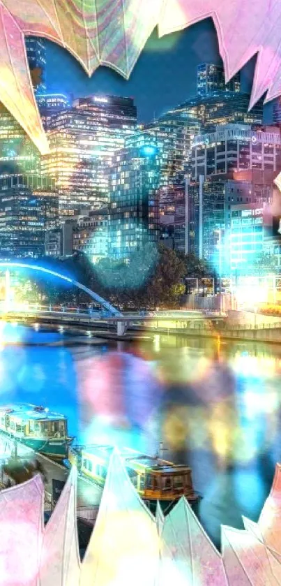 Vibrant cityscape at night with artistic overlay.