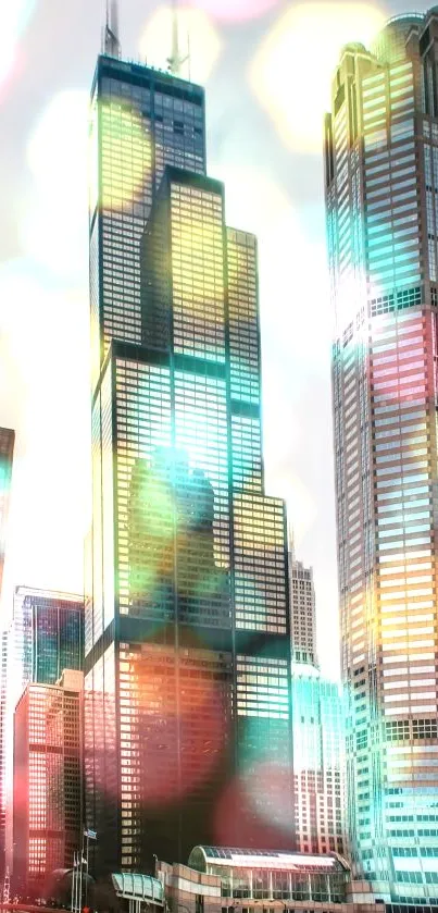 Colorful cityscape with skyscrapers and bokeh lights in a mobile wallpaper.