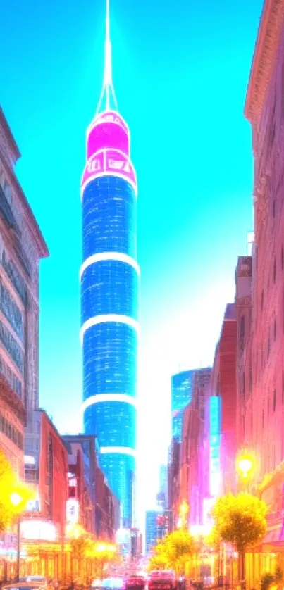 Vibrant cityscape with skyscraper and colorful lights at night.