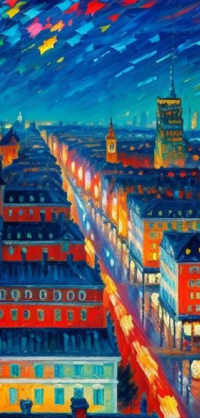 Vibrant abstract night cityscape art with colorful lights.