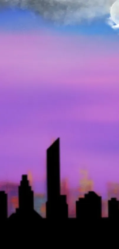 Purple cityscape wallpaper with a vivid skyline and cloud details.