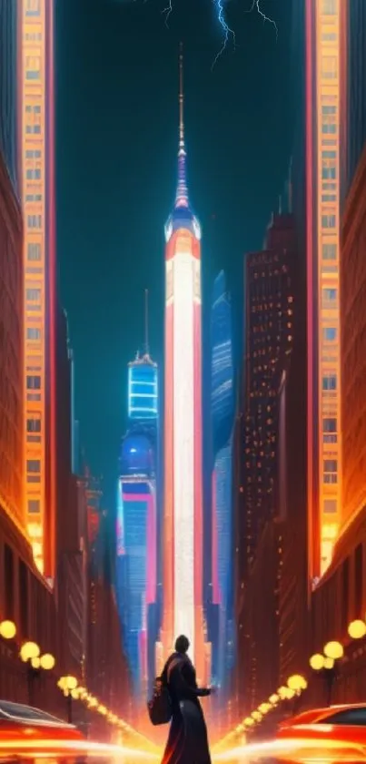 Vibrant cityscape with neon-lit skyscrapers and an orange glow.