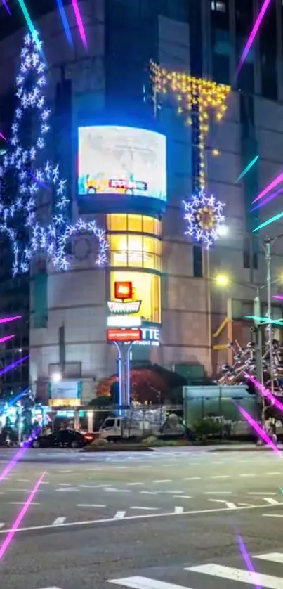 Vibrant cityscape with neon lights and festive holiday decor at night.