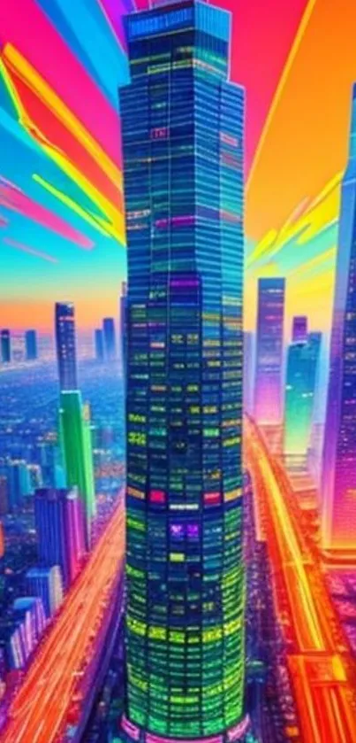 Neon cityscape wallpaper with vibrant skyscrapers.