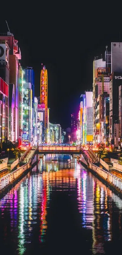 Vibrant nighttime cityscape with neon lights and river reflections.