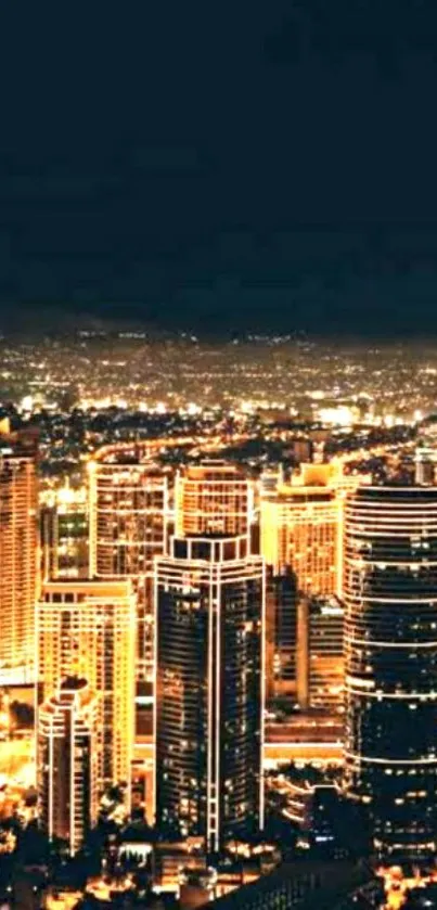 Vibrant cityscape with glowing skyscrapers at night.