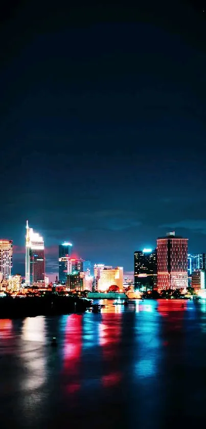 City skyline with colorful night reflections.