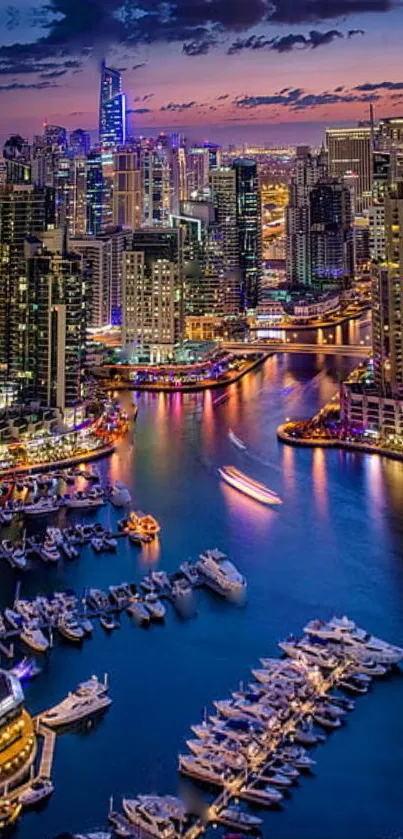 Vibrant cityscape at night with skyscrapers and reflecting waters.