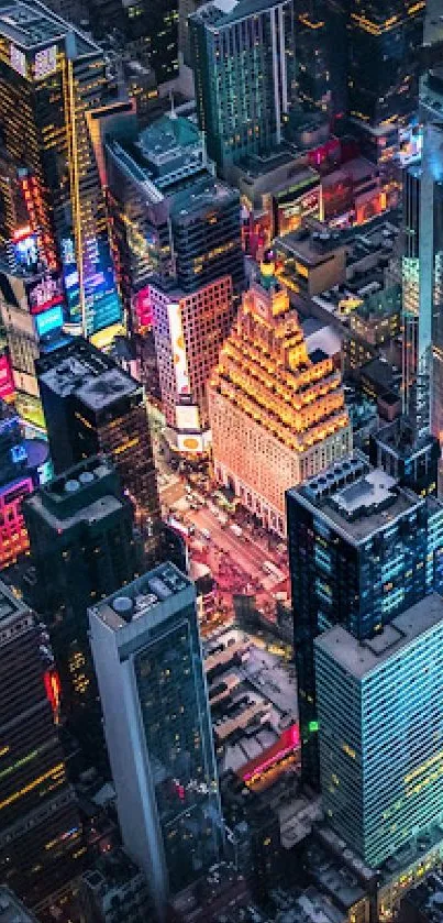 Aerial view of city skyscrapers with neon lights at night, showcasing a vibrant urban scene.