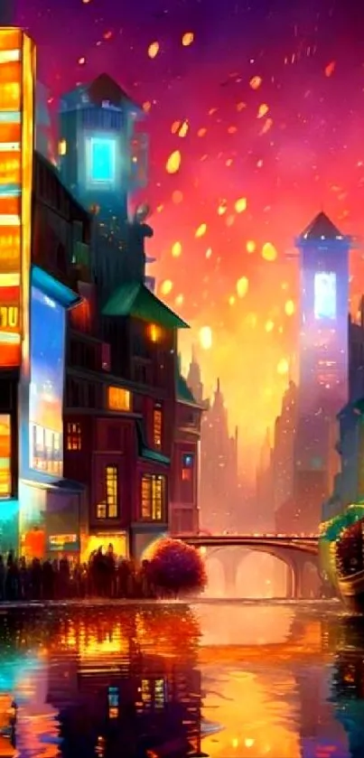 A vibrant cityscape with neon lights reflecting on a river at sunset.
