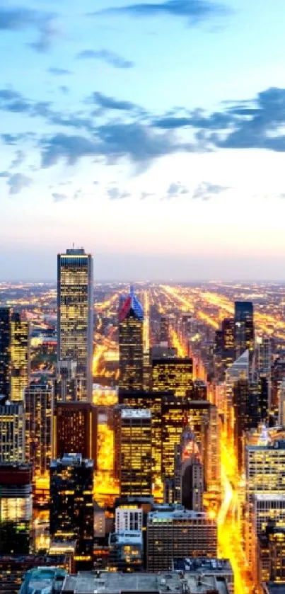 High-angle night view of vibrant cityscape skyline with illuminated buildings.