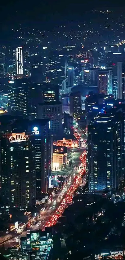 Exciting city skyline at night with vibrant lights illuminating the skyline.