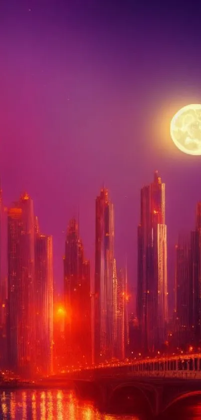 City skyline at night with a glowing moon and vibrant colors.