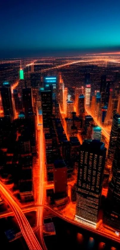 A vibrant cityscape with neon lights glowing at night, featuring towering buildings.