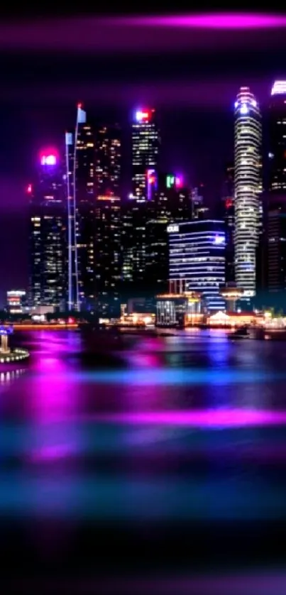 Vibrant cityscape at night with lit skyscrapers and water reflections.