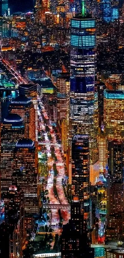 Night cityscape with vibrant lights and skyscrapers in a bustling urban setting.