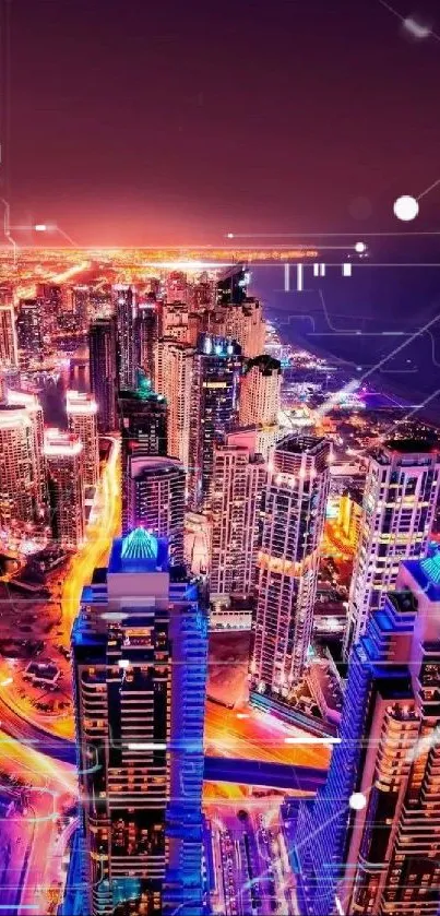 Vibrant cityscape at night with neon lights and skyscrapers.