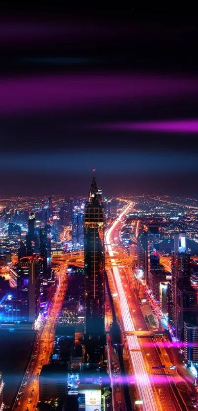 Vibrant cityscape at night with colorful lights and tall buildings.