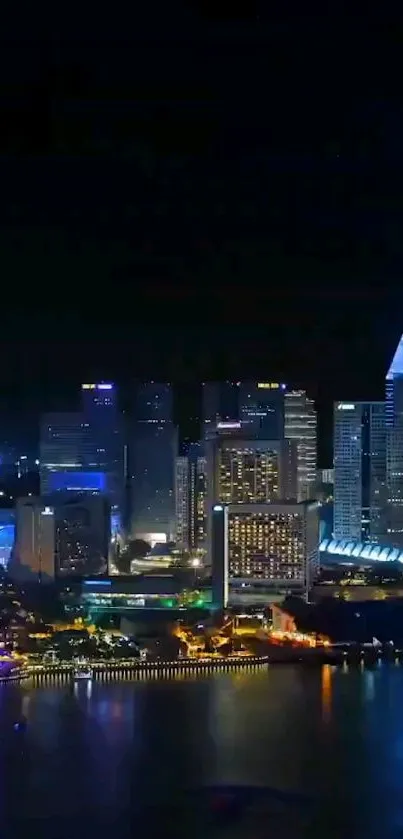 Panoramic view of illuminated cityscape at night with reflecting waters.