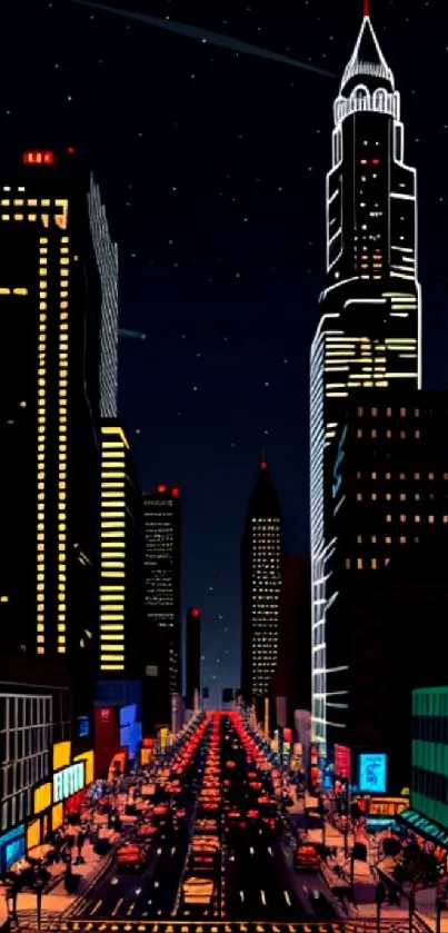 Illuminated skyscrapers with a starry night sky in a vibrant cityscape.