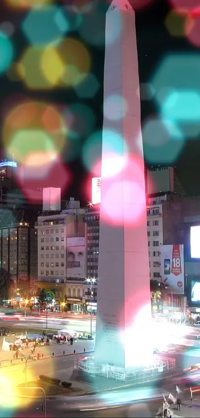 Cityscape at night with bright urban lights and a tall landmark monument.