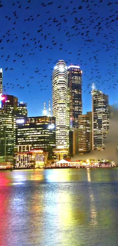 Vibrant cityscape with illuminated skyscrapers and night reflections on the water.