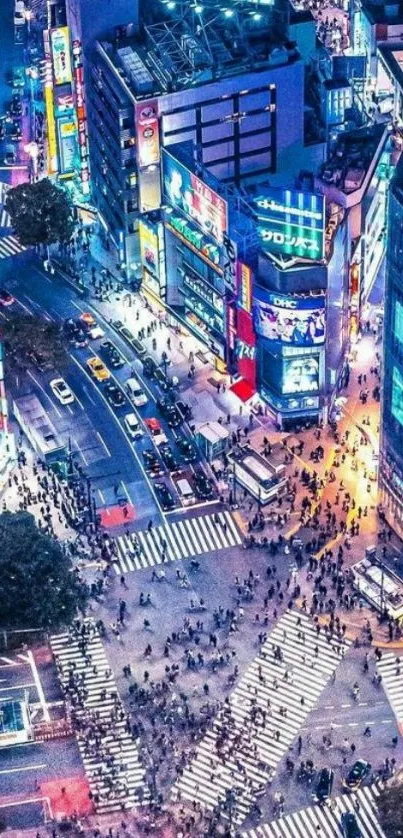 A vibrant cityscape at night with neon lights and crowded crosswalks.