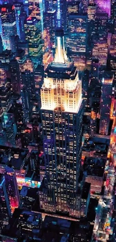 Vibrant cityscape at night with glowing skyscrapers and neon lights.