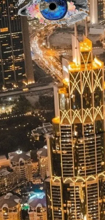 Aerial night view of a skyscraper in a vibrant urban cityscape.