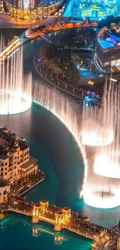 Spectacular nighttime cityscape with illuminated fountains.