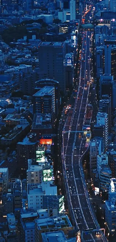 A bustling cityscape at night with vibrant blue lighting and tall buildings.