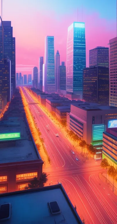 Neon-lit cityscape with skyscrapers at night.