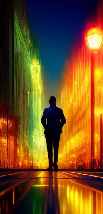 Vibrant city street with neon lights and a solitary figure at night.