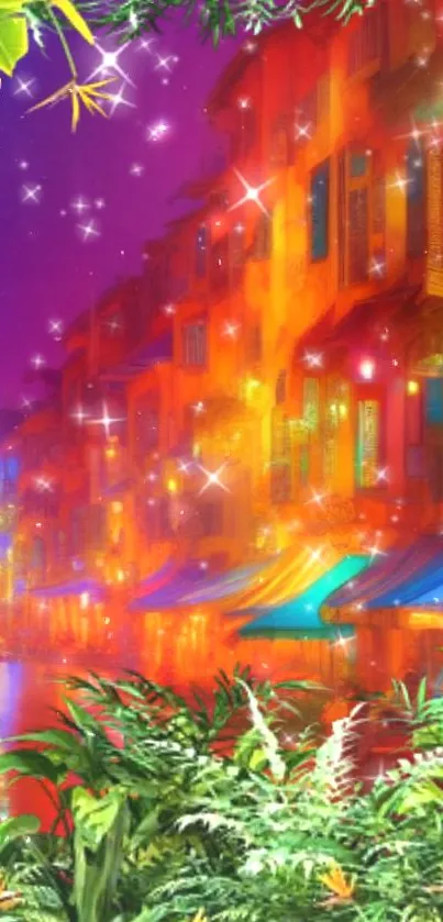 Vibrant cityscape with bright lights and colors at night, perfect for phone wallpaper.