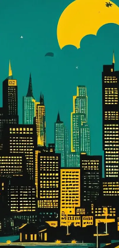 Teal cityscape wallpaper with tall buildings and moonlit sky.