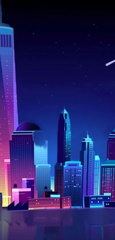 Vibrant cityscape with neon lights in a starlit night sky wallpaper.