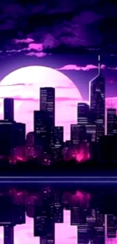 Purple city skyline under moonlight reflection.