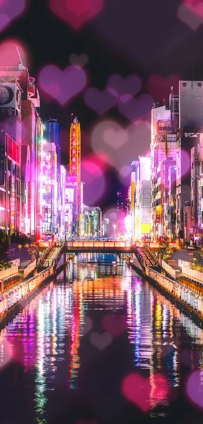 Vibrant cityscape at night with neon reflections on a tranquil river.